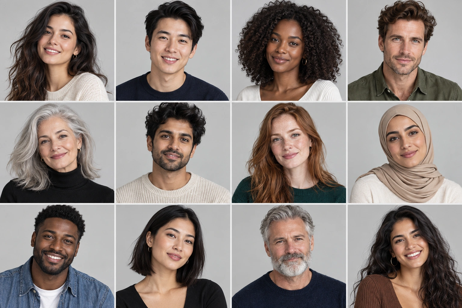 A grid of twelve distinct model portraits with varied ages, skin tones, and hairstyles