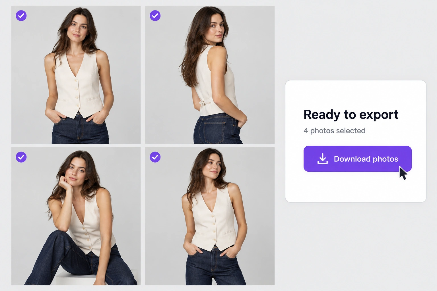 A concept showing four selected fashion photos beside a download panel