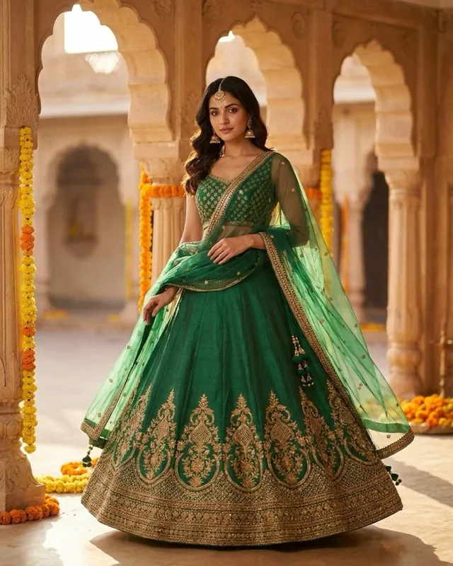 Emerald bridal lehenga - AI-generated fashion photoshoot by ApparelAI Studio