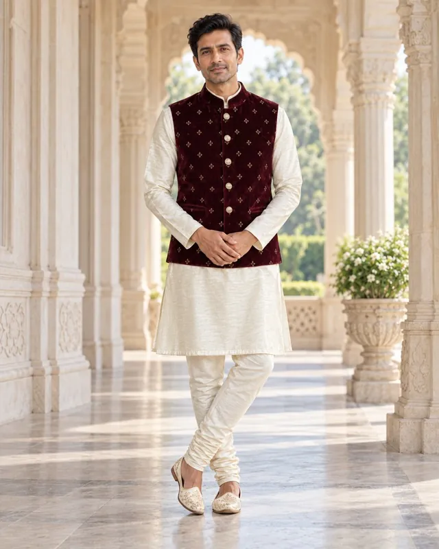 Maroon velvet Nehru jacket - AI-generated fashion photoshoot by ApparelAI Studio