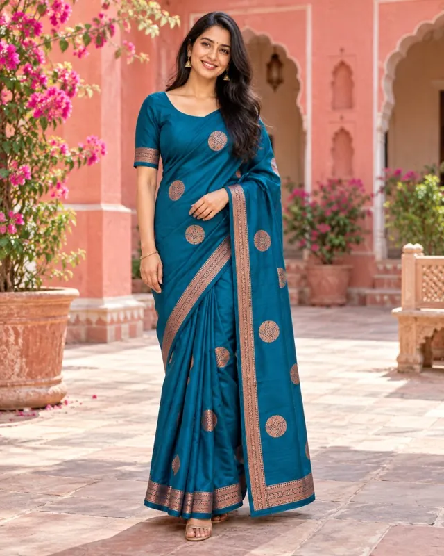 Teal polka-motif saree - AI-generated fashion photoshoot by ApparelAI Studio