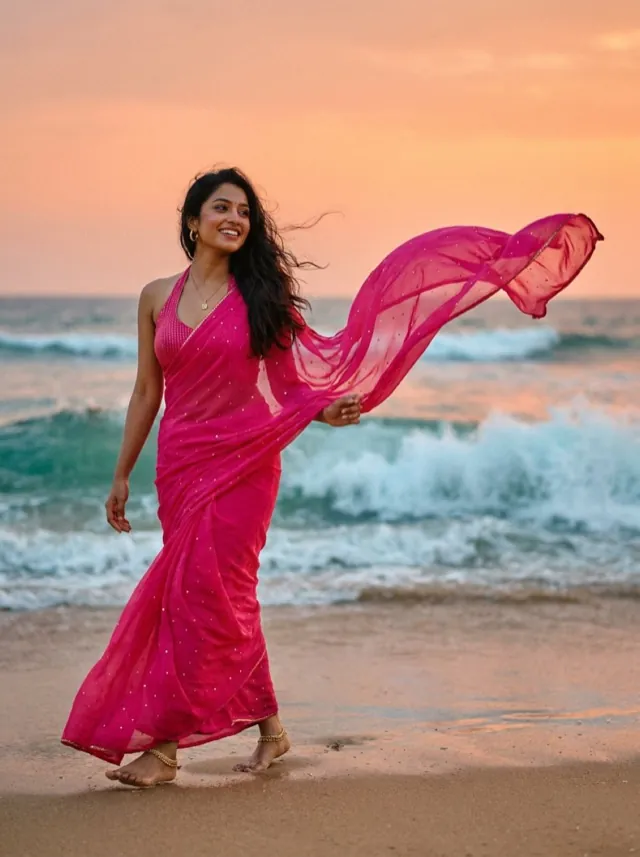 Beach Pink Saree - AI-generated fashion photoshoot by ApparelAI Studio