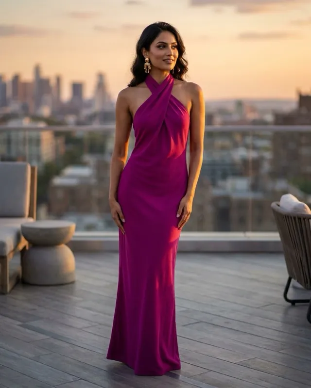 Magenta halter-neck column - AI-generated fashion photoshoot by ApparelAI Studio