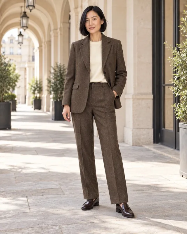 Brown tweed trouser suit - AI-generated fashion photoshoot by ApparelAI Studio
